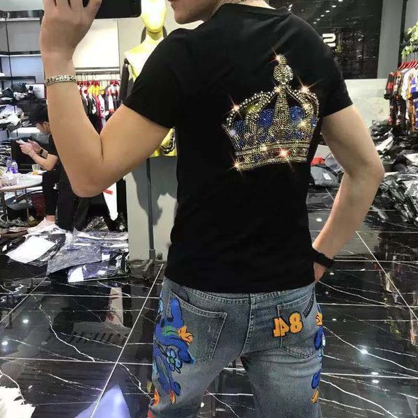 

men's t-shirts 2020 summer new europe and america fashion crystal letter & crown shirts men slim round neck breather shirt size m-4xl, White;black