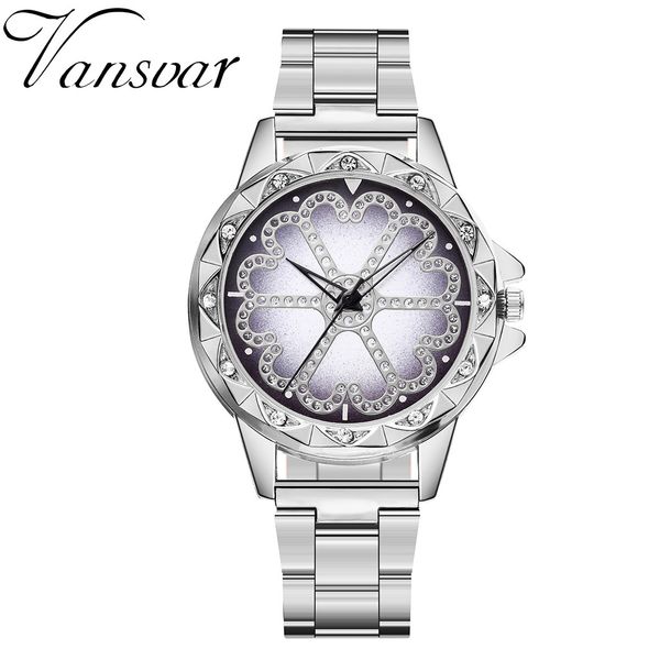 

new 2019 vansvar casual quartz stainless steel band women lucky flower rhinestone watch drop shipping, Slivery;brown