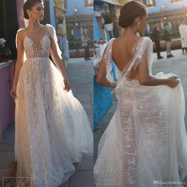 

gali karten boho wedding dresses spaghetti neck lace tulle applique bohemian wedding dress backless plus size vestido de novia 4304, White