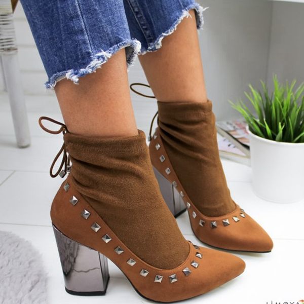 

laamei fashion high heel ankle boot square heel zip suede spring autumn nice shoes for women shopping casual size34-43, Black