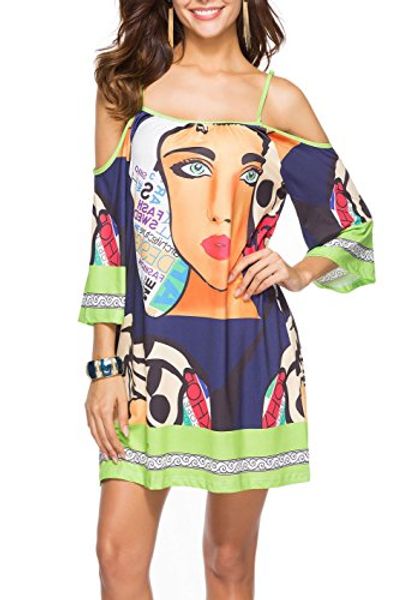 

ours women's casual kimono sleeve floral tribal print spaghetti strap ethnic tunic boho dresses, Black;gray