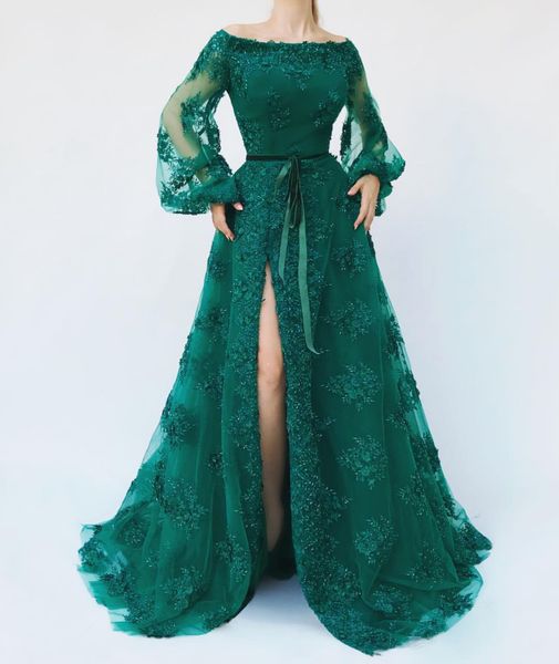 

african style prom dress off the shoulder emerald green scoop neck illusion juliet long sleeves high slits lace applique sequins, Black