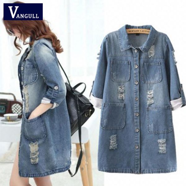

vangull big size 4xl 5xl women denim jacket long jeans jacket coat casual frayed female basic jackets outwear 2019 new plus size, Black;brown