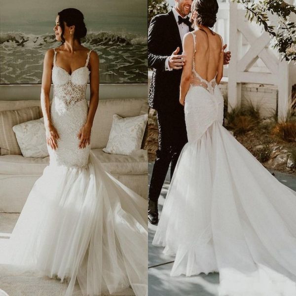

elegant mermaid lace wedding dresses sweetheart spaghetti straps open back sweep train modest bridal gowns robes de customized, White