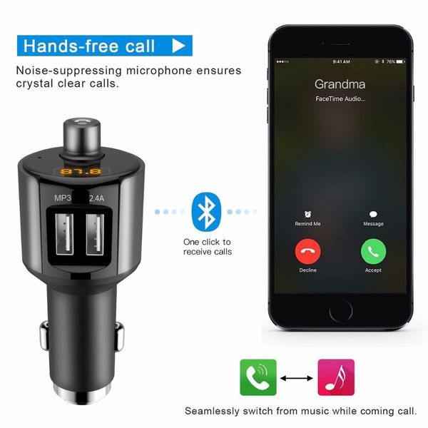 Trasmettitore FM Wireless A2DP Musica per auto Lettore MP3 5V 3.4A Caricatore doppio USB Hamdsfree Kit per auto Bluetooth Supporto USB Flash Driver