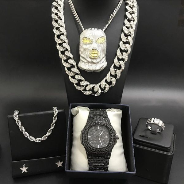 

hip hop men silver crystal miami necklace men watch & necklace & braclete &ring earrings combo set out cuban jewery