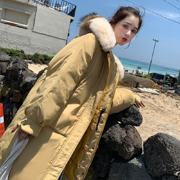 

2019 new korean women's long jacket warm feminine coat with a hood loose plus size large fur collar women winter coats parka, Tan;black