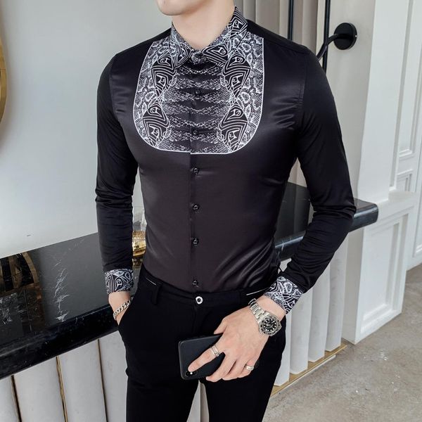 

retro shirt dress shirt men button up men flower gentleman lead printing formal shirts for ropa de hombre, White;black