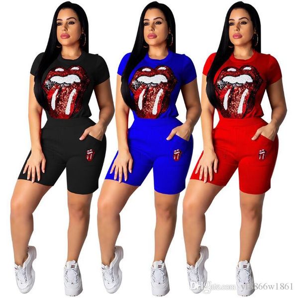 

2019 женщины моды глаз printed костюмы большой язык конструктора костюмы 2pcs одежда комплекты tshirts брюки, White