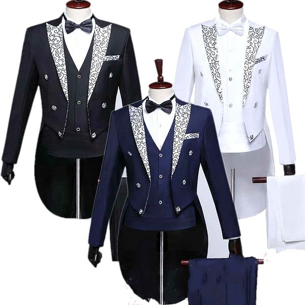 Custom Design Preto / Branco / Azul Marinho Tailcoat Noivo Smoking Homens Festa Ternos Groomsmen Ternos em Casamento (Jaqueta + calça + Gravata + Colete + Cinturão) 1616