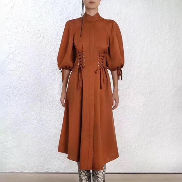 

womens dress fashion casual wild autumn dress bandages bubble sleeves straight collar collar female tide, Black;gray