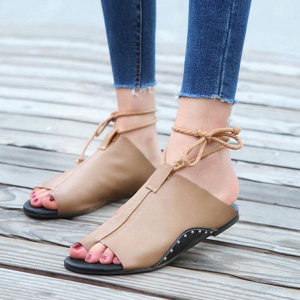 

vintage leather sandals women flat-bottomed ankle roman gladiator female casual sandalias round toe ankle straps slippers shoes, Black