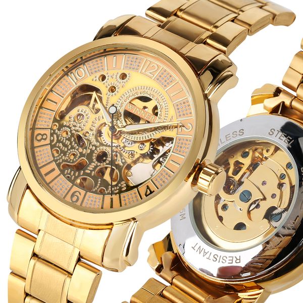 

men watch automatic self-wind mechanical watches stainless steel band arabic numeral business clock relogios masculio, Slivery;brown