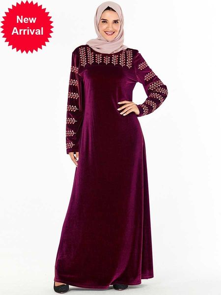 

mc209237 blue 9238 purple large size women's embroidered gold velvet long (no headscarf) muslim party dress, Red