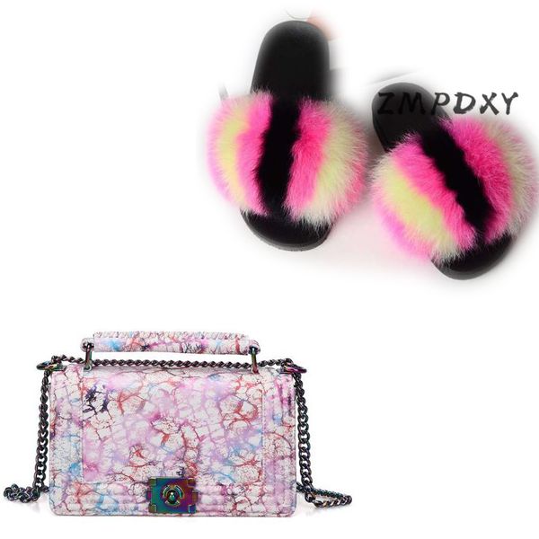 

женщина jelly плечо сумка обувь наборы ladies real меховые тапочки женщин шерсть енот слайды цепь конфета crossbody кошелек флип-флоп, Black