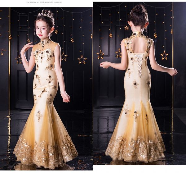 

new sequins lace mermaid party dresses little girls high neck lace up applique lace beaded girls pageant dress birthday prom eveni253w, White;blue