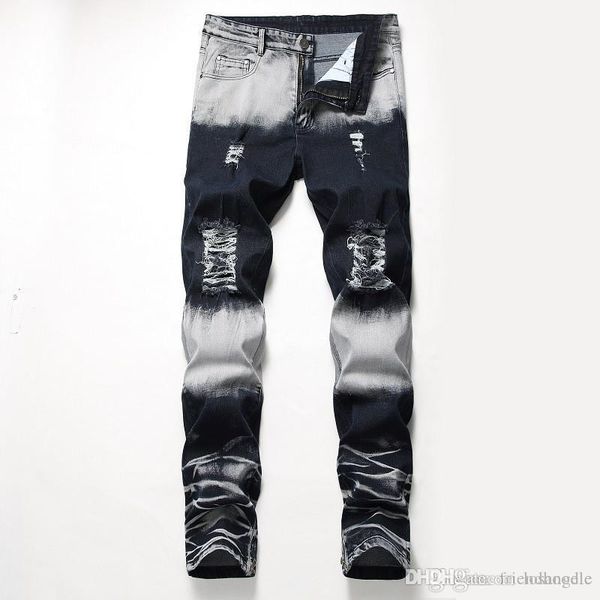 

distrressed blue white holes stretch mens long jeans regular mid waist straight mens pants fashion male apparel