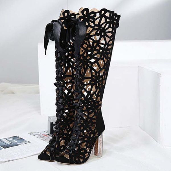 

boots women over the knee thigh high open toe gladiator sandals party club wear square heel crystal shoes 12cm women shoes, Black
