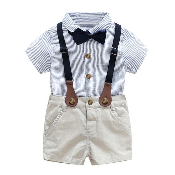 

baby boys clothes children's short sleeve bow tie gentleman + denim strap shorts two-piece suit cotton kids clothes, White