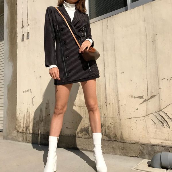 

осень женщины runway костюм blazer тонкий полосатый zipper двубортные блейзеры high street элегантный офис леди подходит шарпу coat, White;black