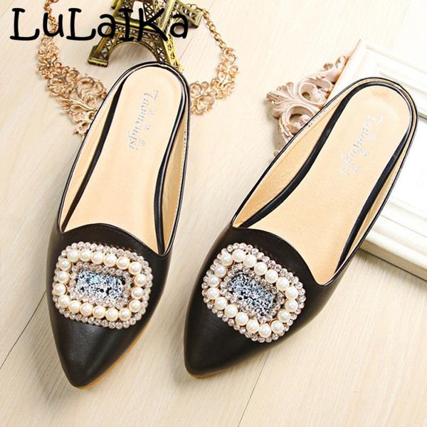 

2019 spring autumn new women's fashion leather pointed pearl rhinestone soft bottom non-slip casual flat bottom half slippers, Black