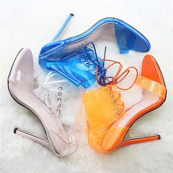 

brand designer sandals fish mouth cross strap see-through stiletto heels women's shoes plus size 35-42, Black