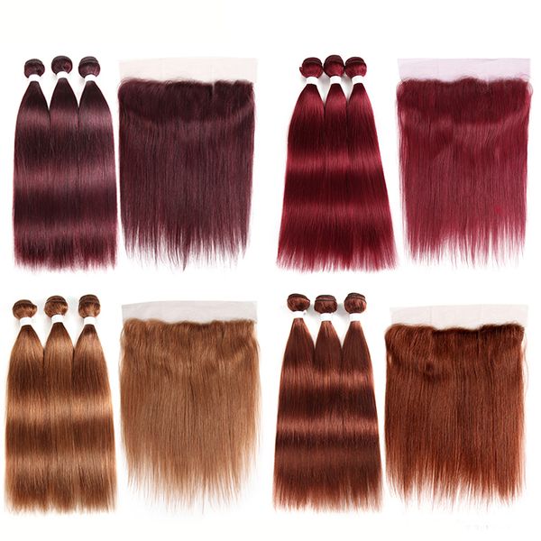 

pre-colored brazilian human hair straight hair bundles with closure ear to ear pre-plucked lace frontal closure with 3 bundles hair weaves, Black;brown