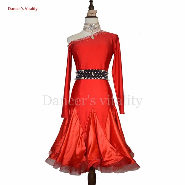 

latin dance costume senior diamonds latin dance dress women gauze dress for women competition colthes, Black;red