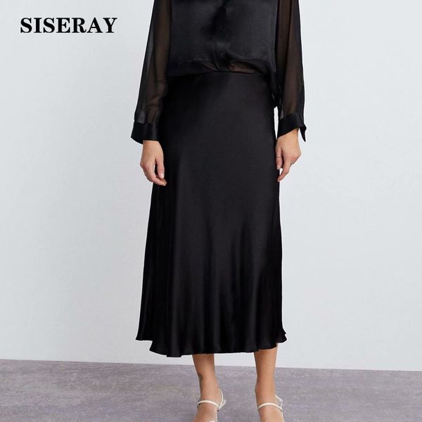 

chic black high waist silk satin skirt ladies gloss a-line midi skirt 2019 elegant women clothing saia femme solid color skirts