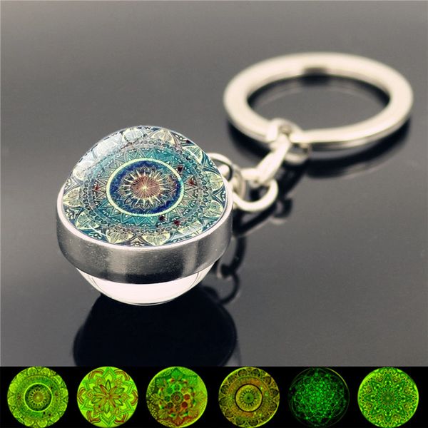 

wg 1pc mandala holy glowing keychain pendant double-sided cabochon glass ball luminous keychain for women jewelry, Silver
