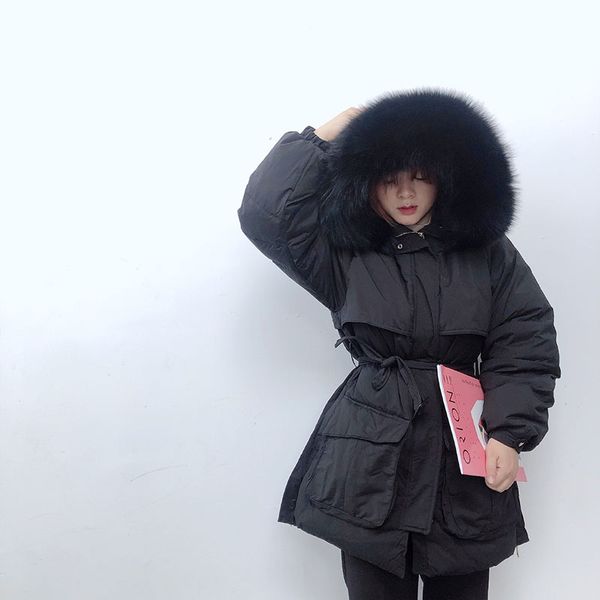 

2019 зимняя куртка женщин утка вниз пальто длинная куртка из натурального меха воротник толстые теплые верхняя одежда уличная реальный мех п, Black