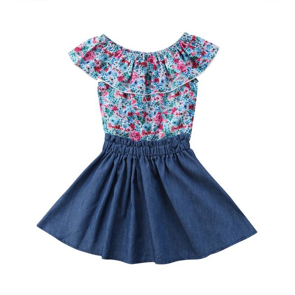 

Summer Toddler Kids Baby Girls Floral Ruffles Sleeveless T-shirt Tops+Denim Short Skirts 2PCS Fashion Outfits Clothes Set 6M-7T