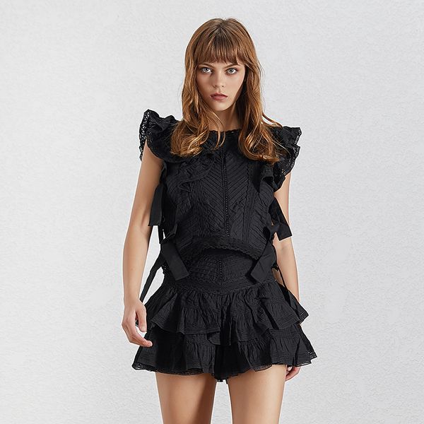 

spring lace patchwork two piece set women square collar ruffles blouse +high waist shorts female 2 piece set women fashion, White