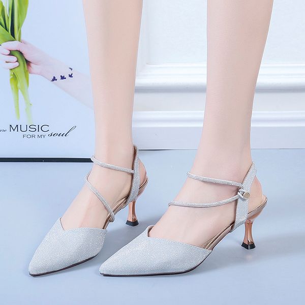 

dress shoes thin belt sequin high heels women pointed toe slingbacks party pumps summer heel silver sandals, Black