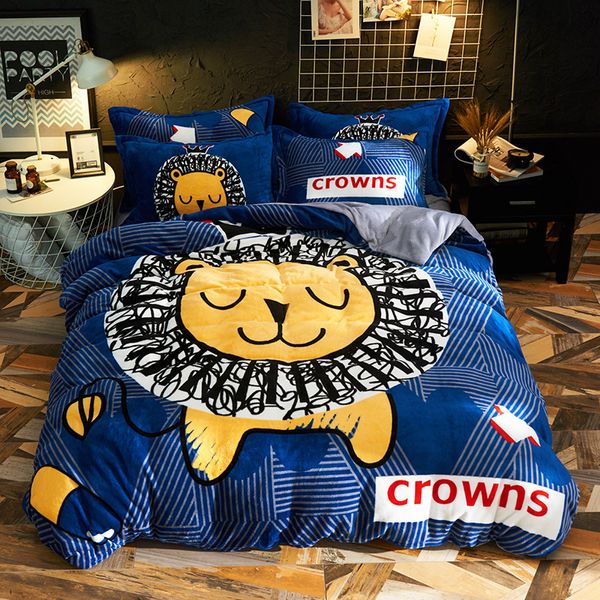 

cartoon lion poodle dog warm fleece fabric child bedding sets velvet flannel duvet cover bed sheet bed linen pillowcases
