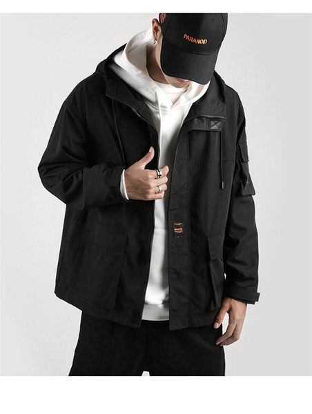 

дизайнерские куртки мода mulit карманы свободные мужские молнии с капюшоном куртки повседневная мужская одежда письмо печати мужские, Black;brown