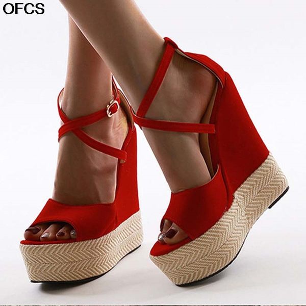

summer sandals woman wedge sandals female high heels platform party shoes red color summer women shoes size 42, Black