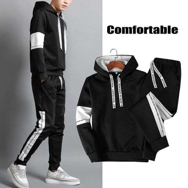 

men's sportswear sets 2019 autumn winter pullover hooded thick male fitness tracksuits men 2 piece sweatshirt + sweatpants sets, Black;blue