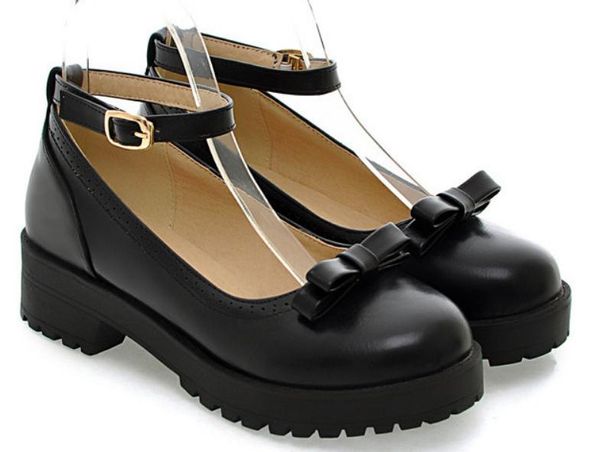 

send 2018 spring korean bowknot medium heel thick bottom women's shoes, Black
