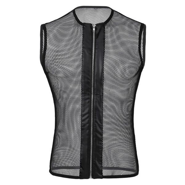 

men zipper front sleeveless see -through leather fishnet hollow out muscle t-shirt tank for club costume party best, White;black