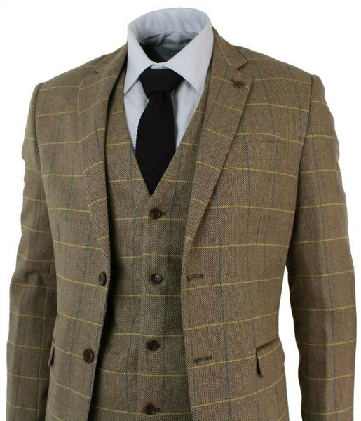 

mens check vintage herringbone tweed light brown oak 3 piece suit slim fit groom tuxedos custom made plaid wedding tuxedos formal dress, Black;gray