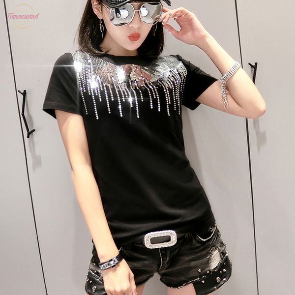 

korean sequins polyester diamonds o neck tshirt 2020 summer office lady cotton casual clothes shirt camiseta mujer black white t95108l