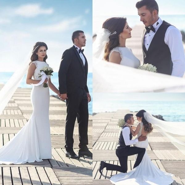 

2019 арабский элегантный атлас русалка свадебные платья бисер спинки плюс размер свадебные платья jewel шеи новый boho свадебное платье, White