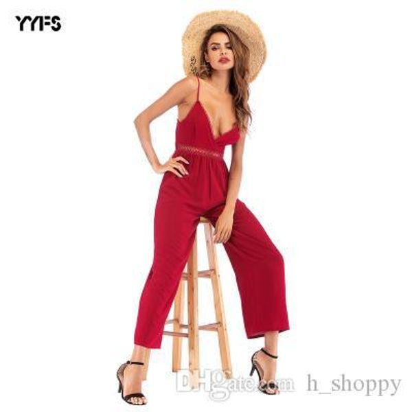 

2019 summer new chiffon fashion women's european and american halter high waist lace strap slim jumpsuit, Black;white