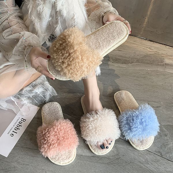 

fur shoes woman's slippers low slides loafers flock fashion plush 2019 luxury flat soft rome rubber with fur basic short, Black