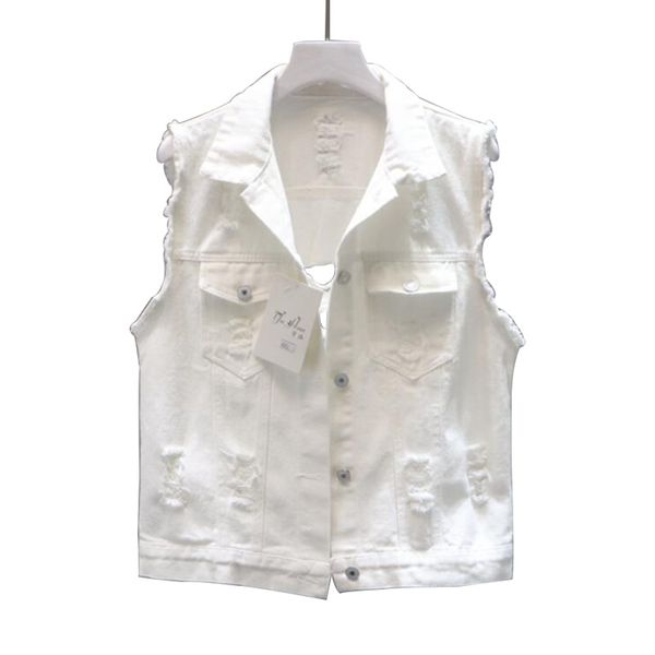 

2019 summer jeans vest femmes pure white letter holes vest women spring wild denim jacket waistcoat fashion chalecos para mujer, Black;white
