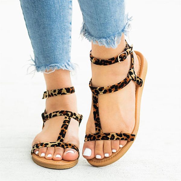 

sandals women leopard female ankle buckle strap ladies casual flats woman comfortable open toe shoes women's beach footwear, Black