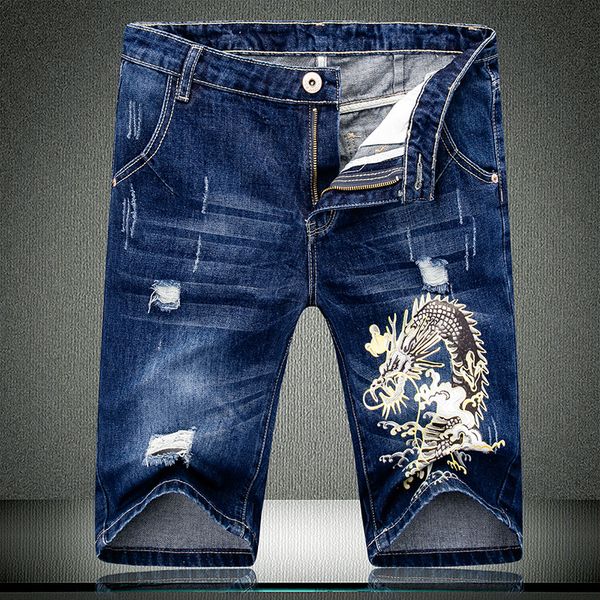

great designer men short jeans 2019 summer denim shorts brand chinese dragon design straight male knee length jeans 530, Blue