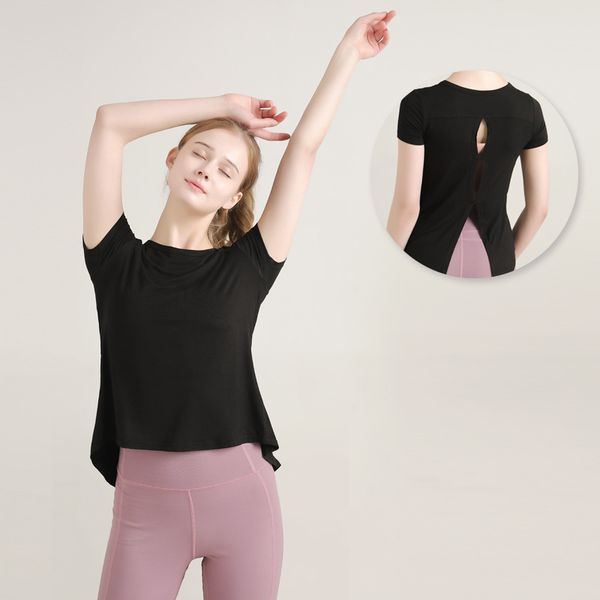 

back hole fitness clothing female sports short sleeve t thin shirt yoga service speed dry fitness clothing female, Black;red
