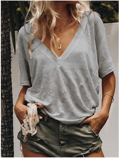 

dhl женские летние туники топы блузки плюс размер с коротким рукавом рубашки с v-образным вырезом свободные повседневные футболки 7 цветов s, White